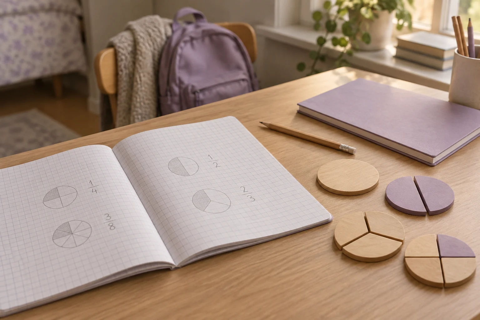 A school notebook and fraction models