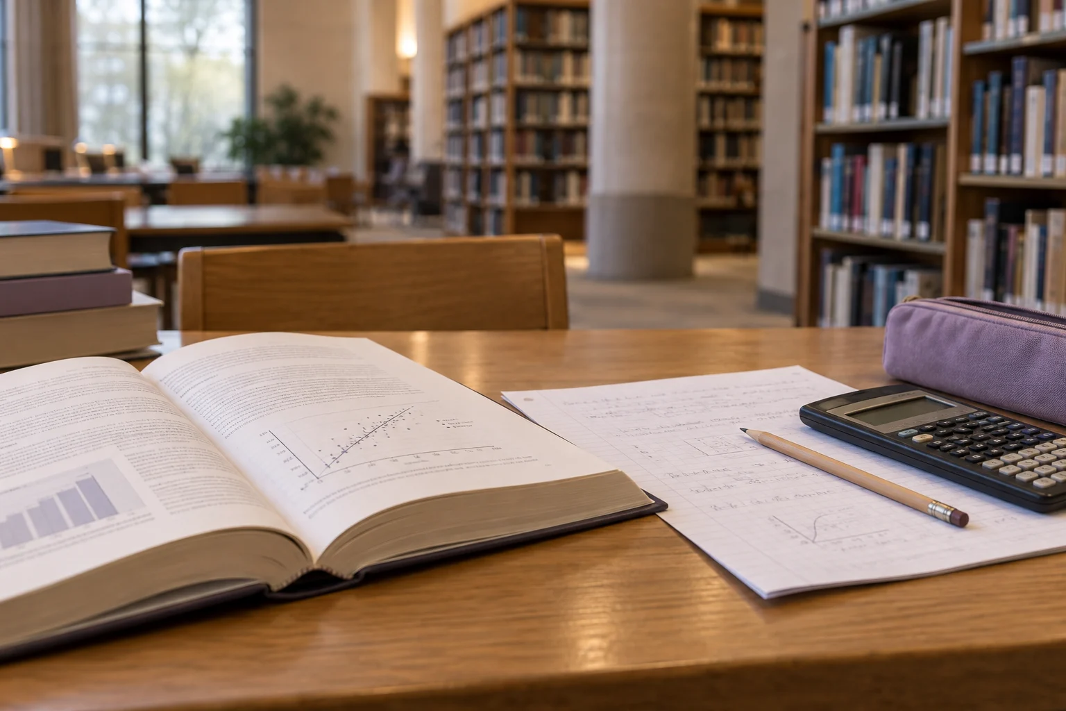 Textbook and notes in a university library